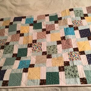 Handmade Patchwork Quilt in Pastel Greens, Blues & Yellow, 39”x51.5”